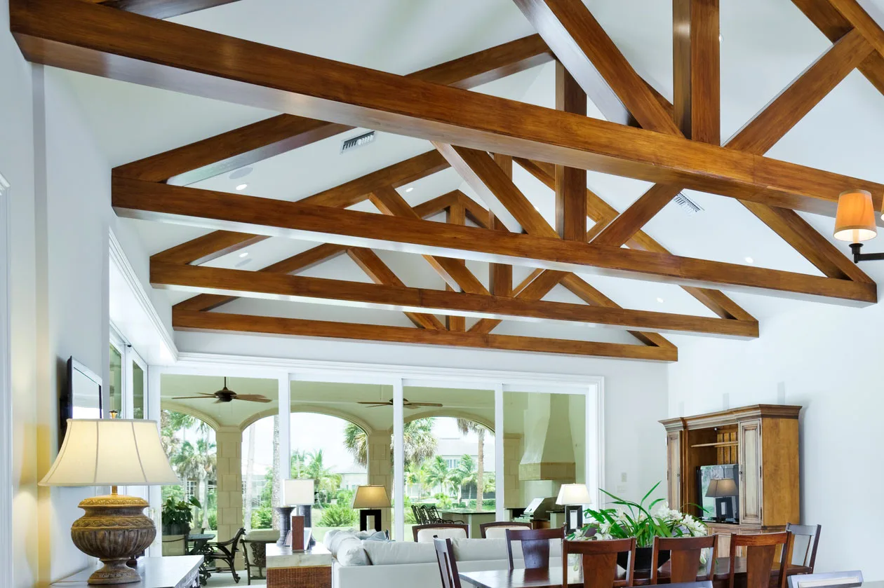 A wood beam ceiling also known as exposed beam ceilings, exposed rafters, exposed timber beams or exposed trusses,  utilizes both functional and decorative wood beams running horizontally across a ceiling. Solid wood or artificial wood-looking beams expose the structural shape above. wood beam ceiling